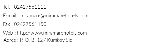 Miramare Queen Hotel telefon numaralar, faks, e-mail, posta adresi ve iletiim bilgileri